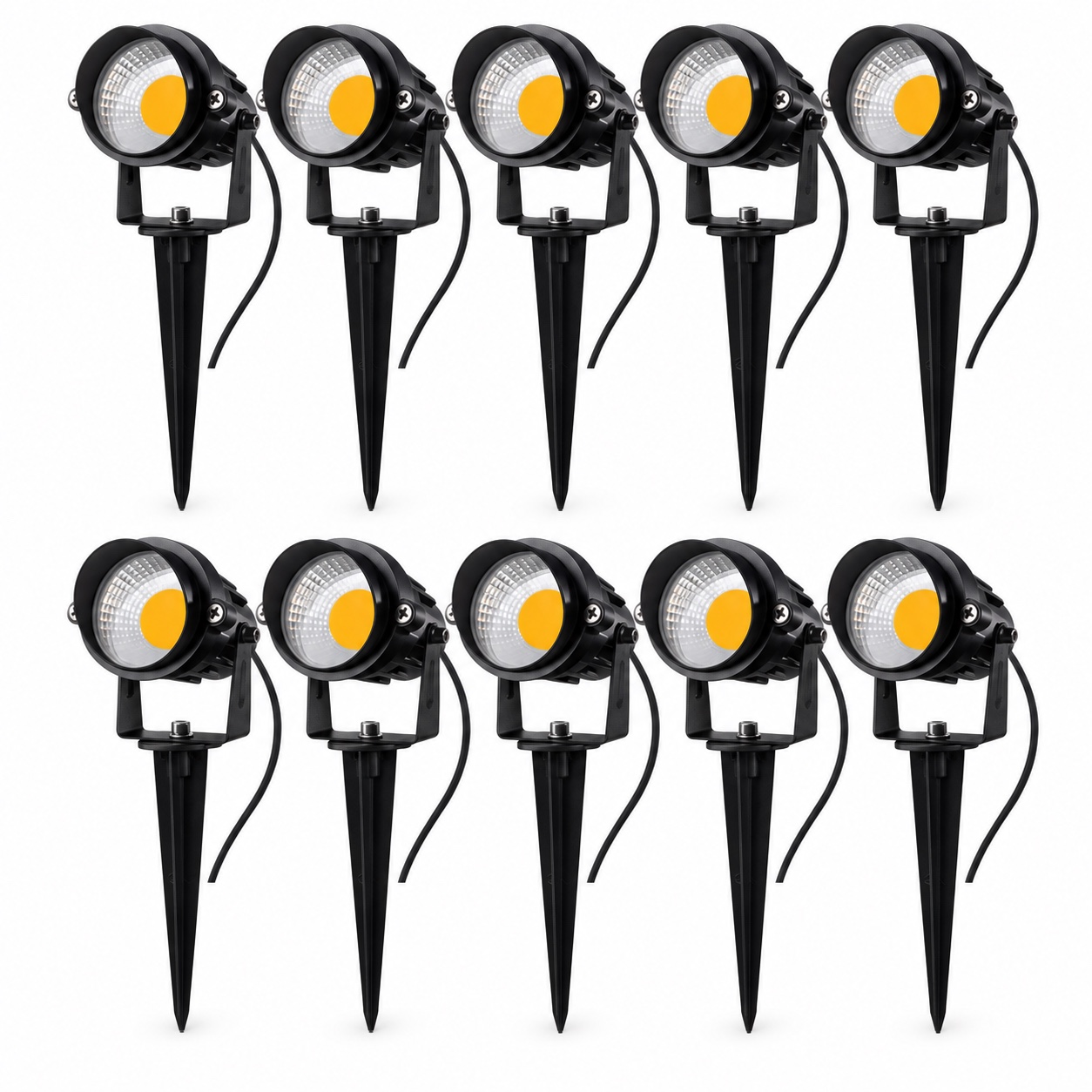 Ten front-facing black low-voltage garden spotlights