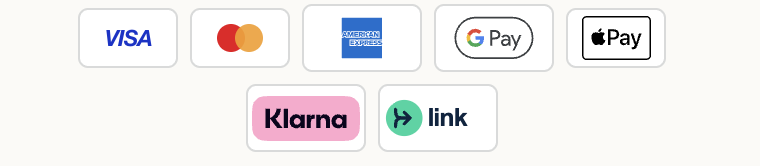 Visa, Mastercard, American Express, Google Pay, Apple Pay, Klarna and Link payment marks