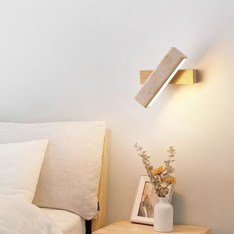 Rotatable stone and natural wood bedside wall light