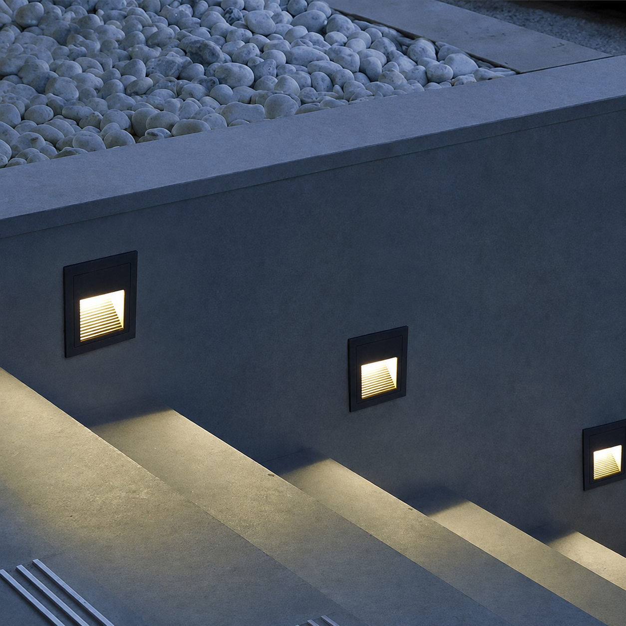 Low-level staircase lights illuminating modern concrete steps