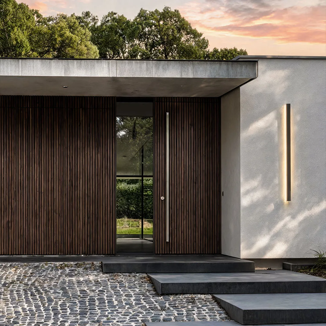Modern exterior wall light installed beside a contemporary entrance